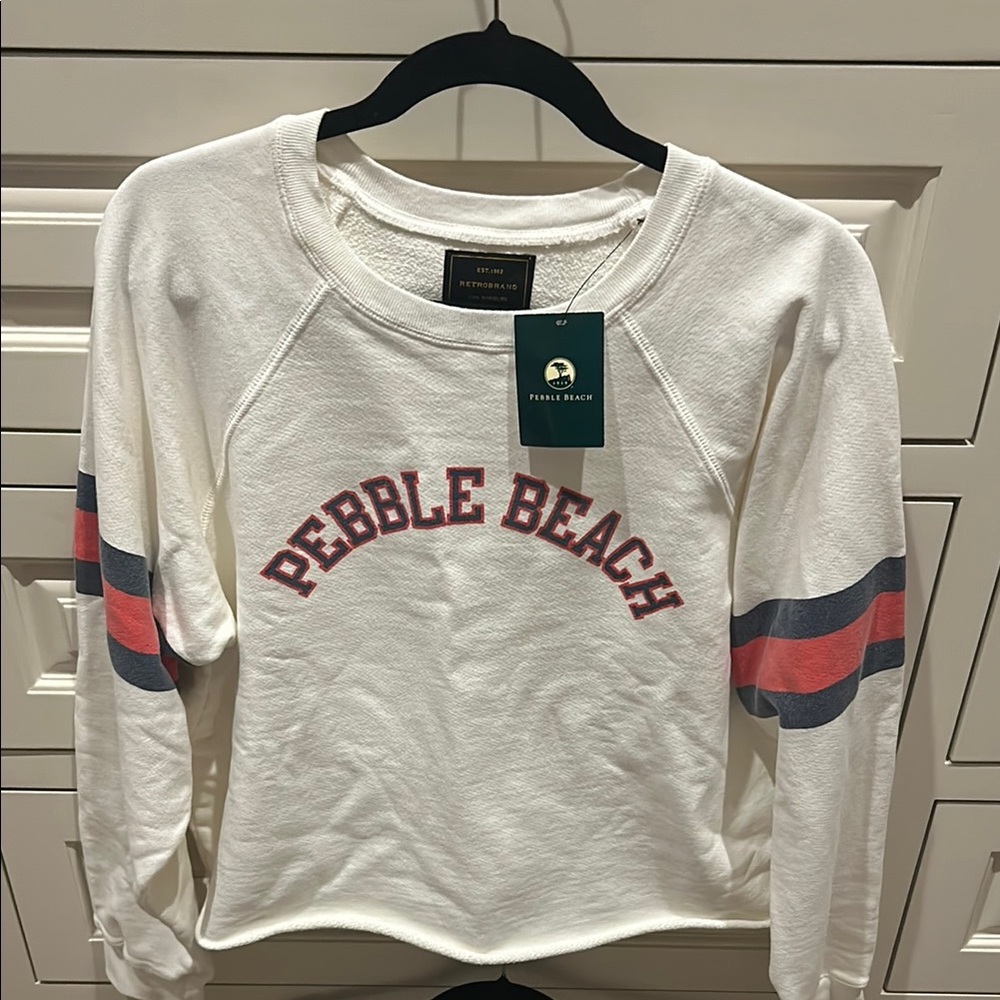 Pebble Beach White Sweatshirt with Red and Blue Stripes